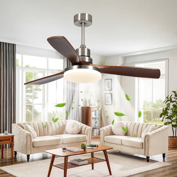 52 in. Wood Smart Indoor Nickel Ceiling Fan with 3-Colors LED Light/ Dimmer and DC motor and APP/Remote/Memory Function