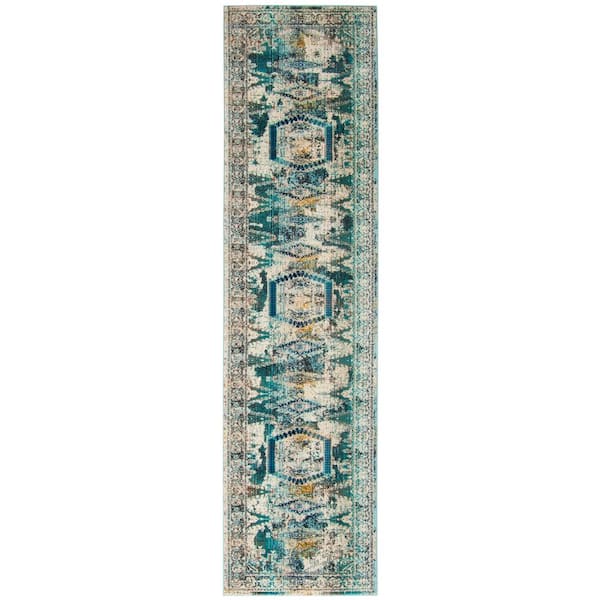 Baldwin 2 ft. x 10 ft. Ivory/Teal Border Distressed Medallion Runner Rug