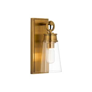 Wentworth 4.5 in. 1-Light Rubbed Brass Wall Sconce Light with Glass Shade