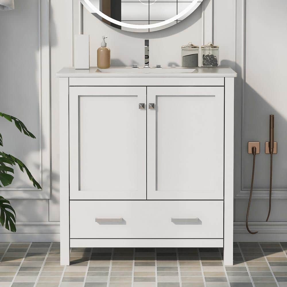 30 in. W x 18 in. D x 34 in. H Single Sink Freestanding Bath Vanity in White with White Ceramic Top price history on PriceWatchPro
