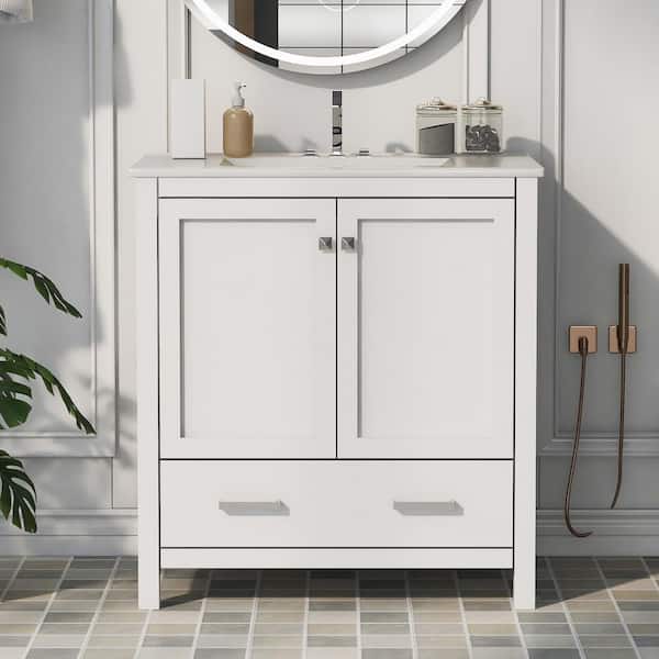 Staykiwi 30 in. W x 18 in. D x 34 in. H Single Sink Freestanding Bath Vanity in White with White Ceramic Top