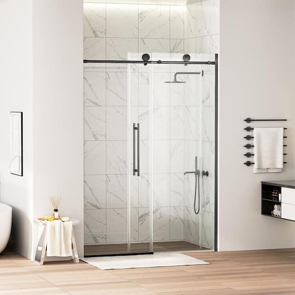 54 in. W x 75 in. H Sliding Frameless Shower Door in Matte Black with Tempered Glass