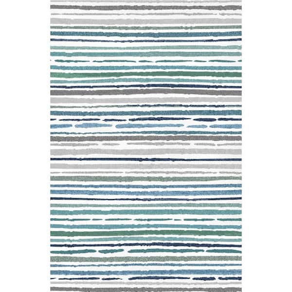 Blue 30" x 46" Striped Non-Slip Area Rug-Machine Washable, Low Pile Indoor/Outdoor Polyester Rug TPR Backing for Home