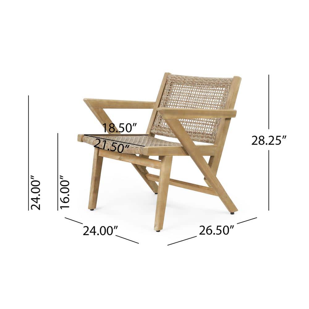 Rustic Acacia Wood and Wicker Outdoor Dining Chair, Light Brown, Set of 2