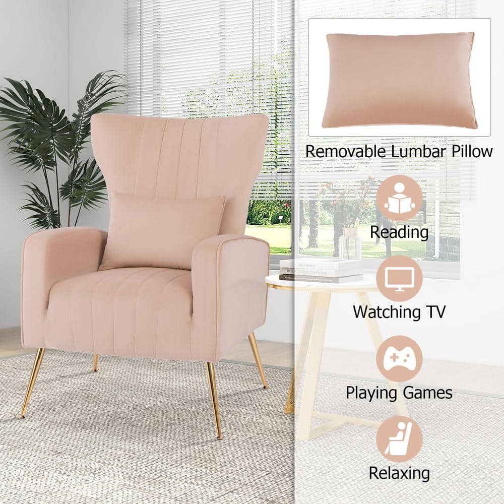 Pink Velvet Wingback Accent Chair with Gold Metal Legs