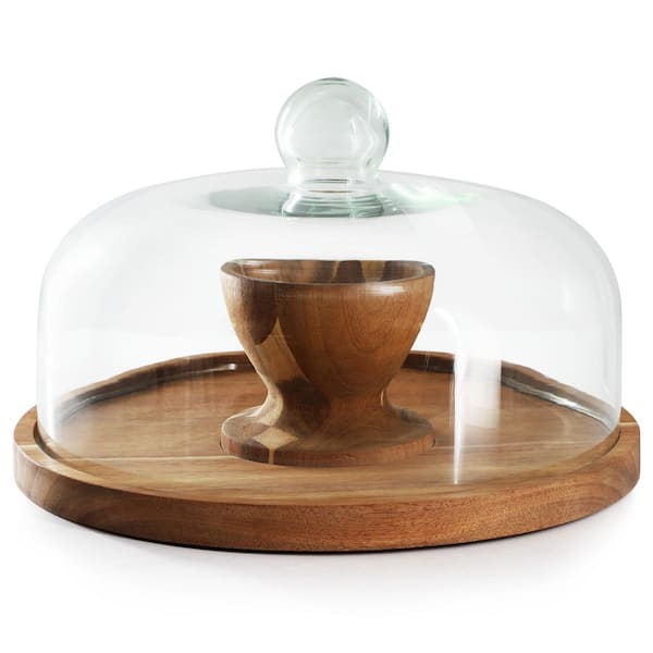 1-Tier Brown Acacia Wood Multi-Function Cake Stand with Glass Dome Lid