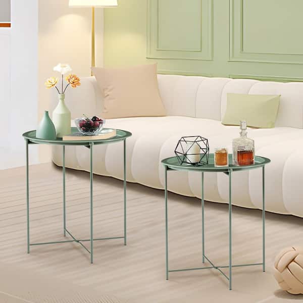 VECELO Round Side/End Table, Folding Round Metal Anti-Rust and Waterproof Outdoor or Indoor Tray, 18.5 in. W Green Set of 2