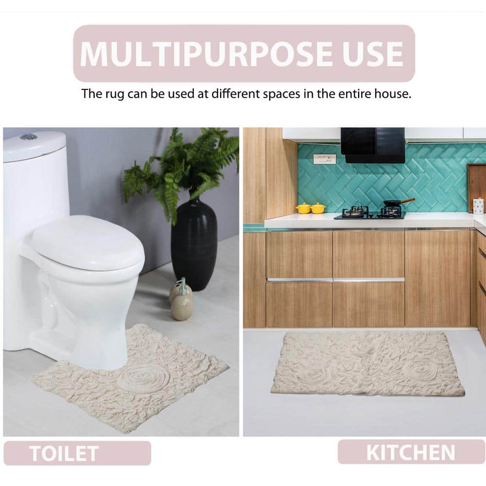 Ivory Cotton Tufted Floral Bath Rug with Non-Slip Backing