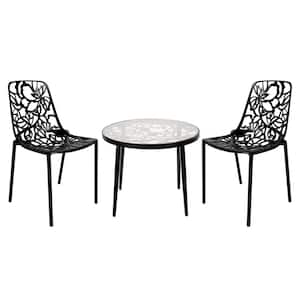 Devon 3-Piece Aluminum Outdoor Dining Set with Round Table with Glass Top and 2 Stackable Chairs in Black