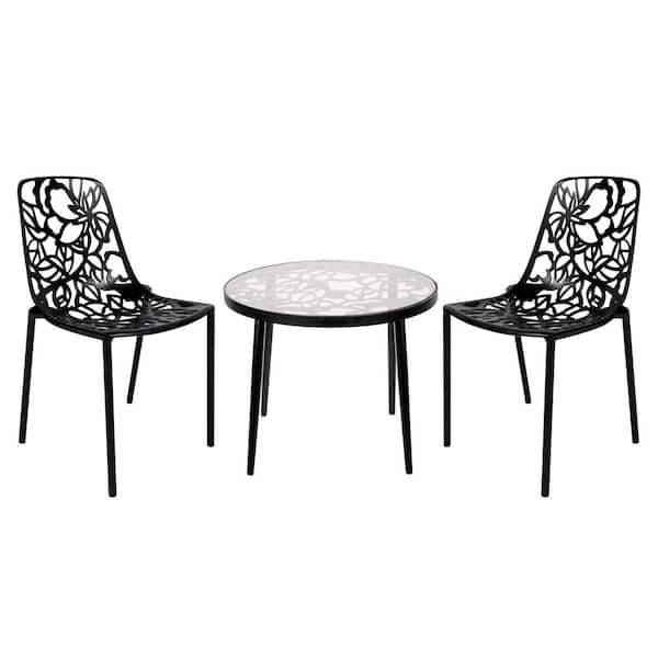 Leisuremod Devon 3-Piece Aluminum Outdoor Dining Set with Round Table with Glass Top and 2 Stackable Chairs in Black