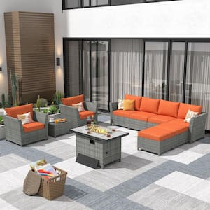 Denali Gray 10-Piece Wicker Outerdoor Patio Rectangular Fire Pit Set with Orange Red Cushions