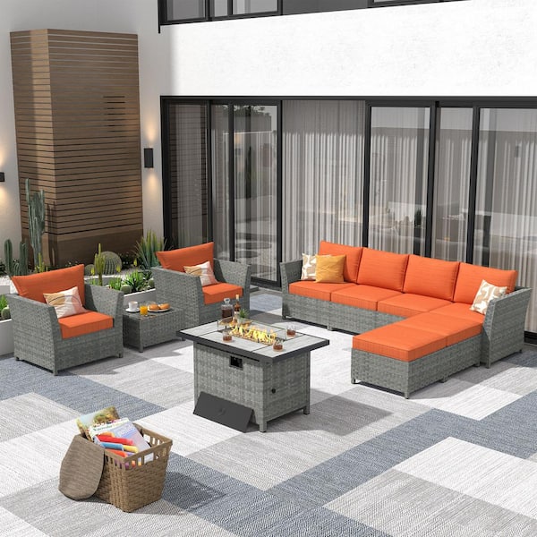 XIZZI Denali Gray 10-Piece Wicker Outerdoor Patio Rectangular Fire Pit Set with Orange Red Cushions