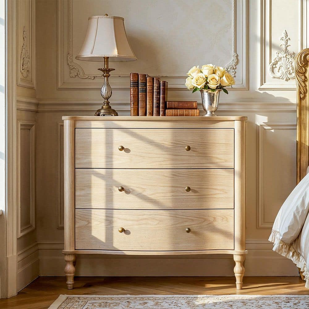 Natural Wood 3 Drawer 32.8 in. Wide Chest of Drawers with Solid Wood Legs, Curved Drawer, Modern Design For Living Room price history on PriceWatchPro