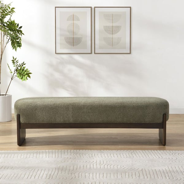 Oakridge Modern Dark Green Polyester Upholstered Loop Yarn Rectangle Ottoman, Brown Finish Solid Wood