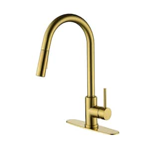 Single Handle Pull Down Sprayer Kitchen Faucet with Advanced Spray Modern Stainless Steel Sink Faucets in Brushed Gold