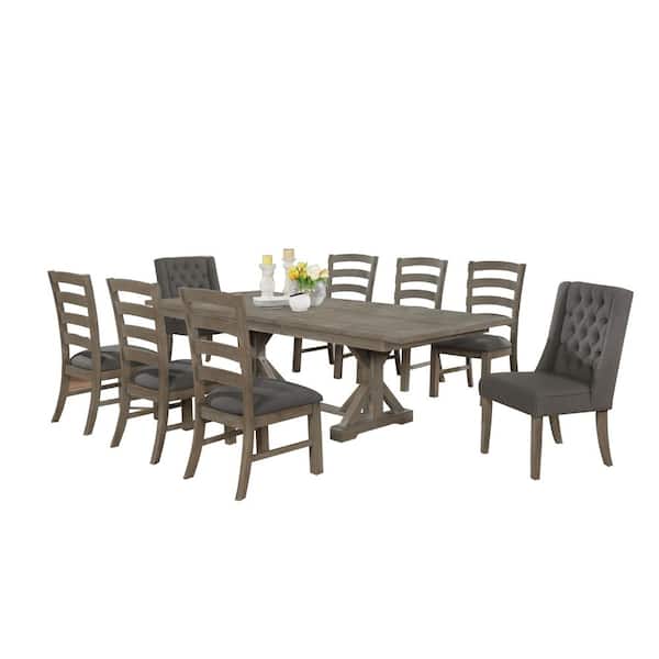 Best Quality Furniture Linda 9-Piece Rectangular Rustic Grey Wood Top Table Set, 6-Wood Back, 2-Dark Grey Linen Fabric Chair with Tufted Button