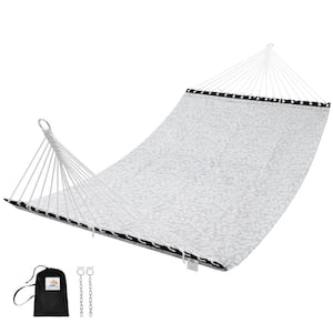 11 ft. Double Wide 2-Person Textilene Hammock Bed with Iron Spreader Bars and Pillow, Gray Stripes