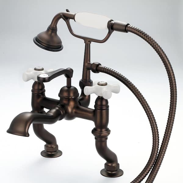 Water Creation 3-Handle Vintage Claw Foot Tub Faucet with Hand Shower and Porcelain Cross Handles in Oil Rubbed Bronze