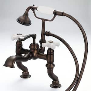 3-Handle Vintage Claw Foot Tub Faucet with Hand Shower and Porcelain Cross Handles in Oil Rubbed Bronze