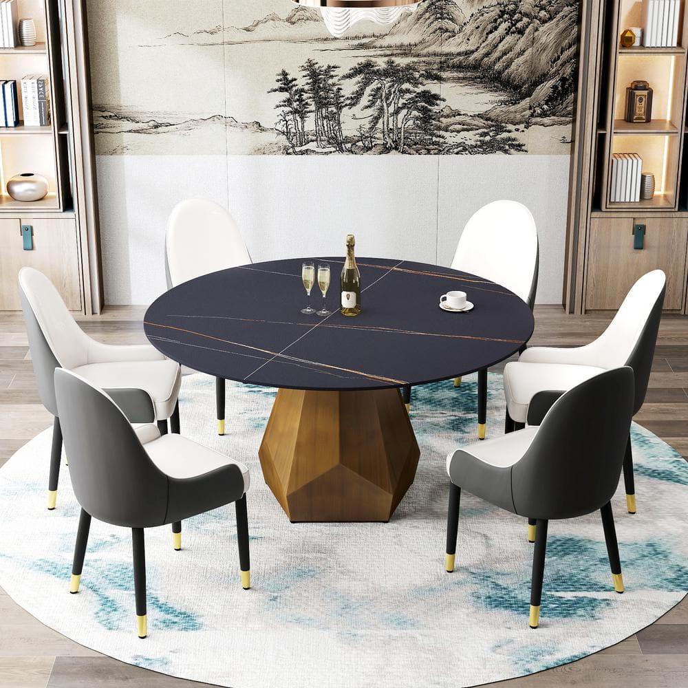 59 in. Black Circular Sintered Stone Tabletop Bronze Pedestal Base Kitchen Dining Table (Seats 8)