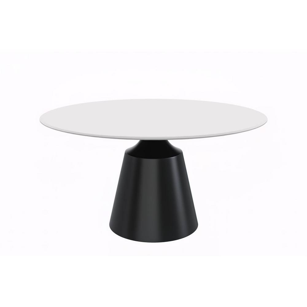 Prynn 60" Round White Glass Dining Table with Black Pedestal Base