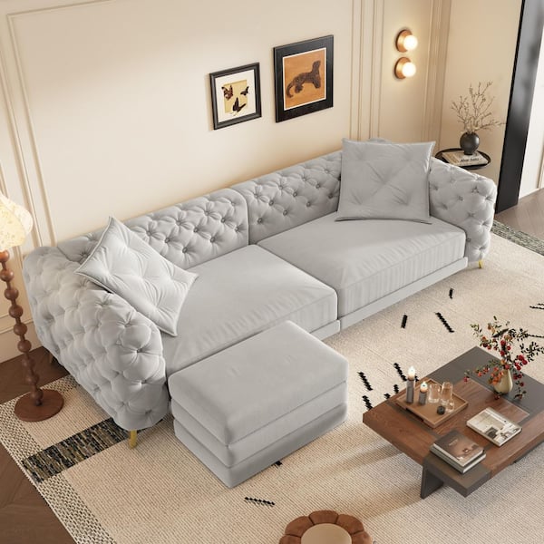 Judith 97.7 in. Light Grey Upholstered Velvet Convertible King Size Sofa Bed with Ottoman, Button Tufted