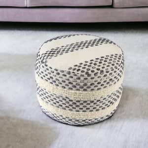 Ivory and Blue Fabric Round Accent Ottoman