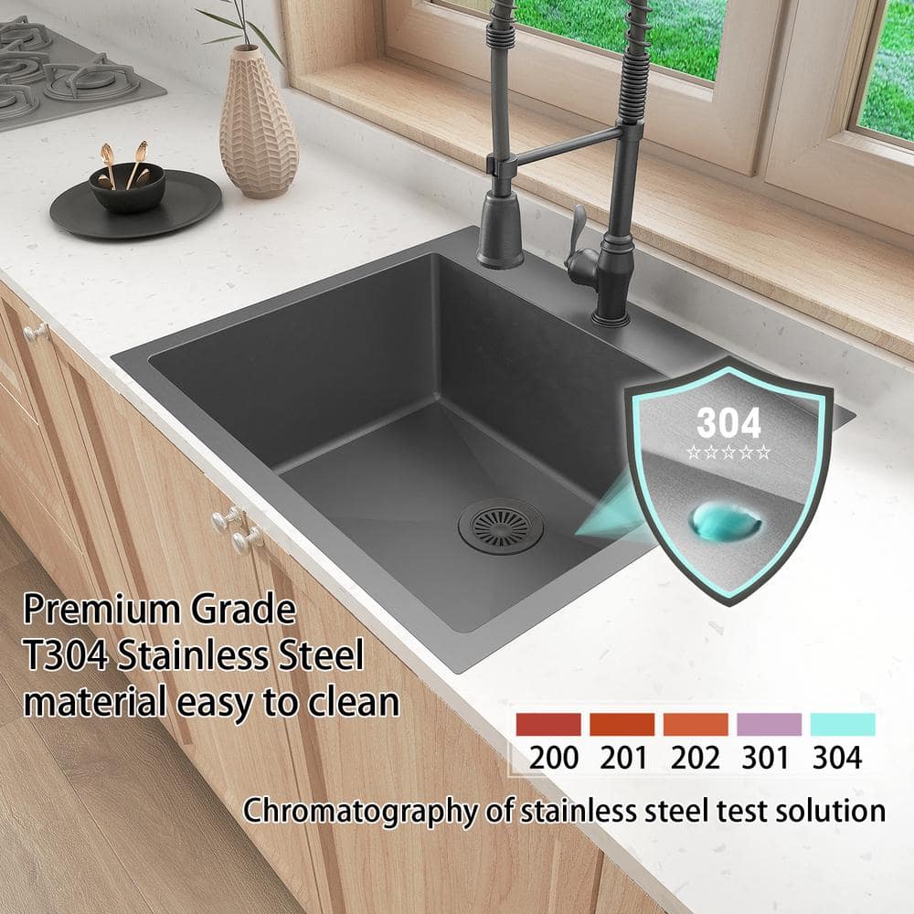 Sinber 25" Black Stainless Steel Single Bowl Kitchen Sink with Drainboard