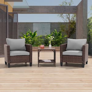 3-Piece Brown Wicker Patio Bistro Set Outdoor Single Sofa Set with Side Table for Outdoor Lawn, Linen Grey Cushions