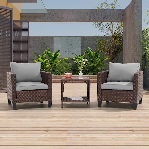 3-Piece Brown Wicker Patio Bistro Set Outdoor Single Sofa Set with Side Table for Outdoor Lawn, Linen Grey Cushions