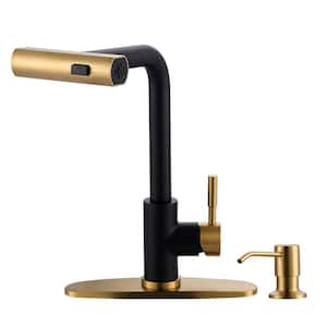 3 Modes Single Handle Waterfall Pull Down Sprayer Kitchen Faucet with Soap Dispenser in Black and Gold