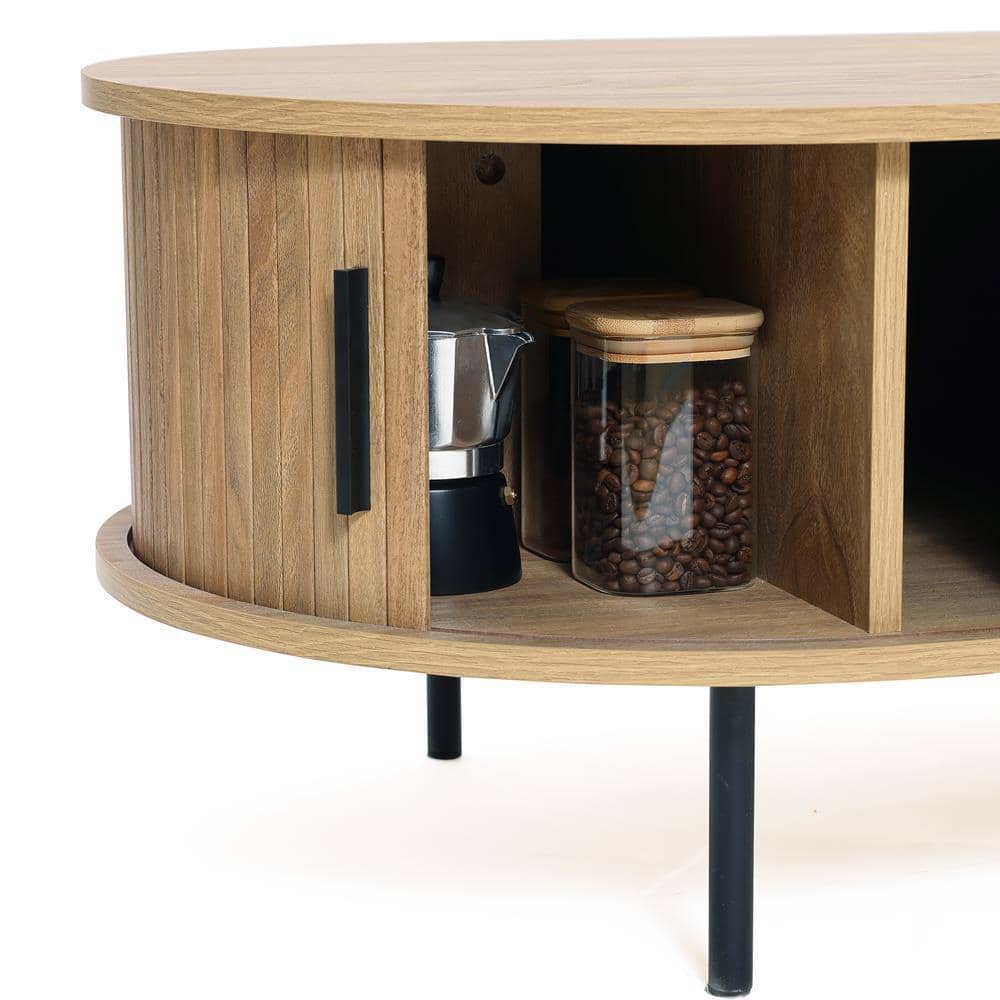 Mid-Century Modern Oval Oak Coffee Table with Storage
