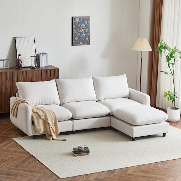 Willow 99.5 in. Modern 4-Seater Fabric Upholstered Solid Wood Modular Sectional Sofa with Ottoman in White Sand