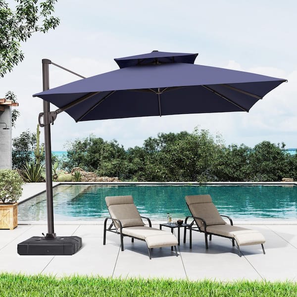 Crestlive Products 9.5 ft. x 9.5 ft. Double Top Cantilever Patio Umbrella in Navy Blue with 260 lbs. Base Stand