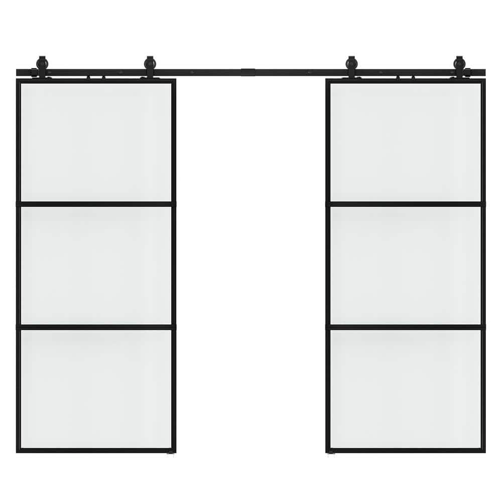72 in. x 84 in. Full-lite Frosted Glass Black Metal Frame Double Sliding Ba