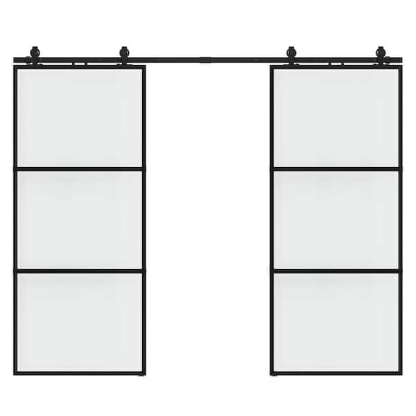 SOCBAZZAR 72 in. x 84 in. Full-lite Frosted Glass Black Metal Frame Double Sliding Barn Door with Hardware Kit and Soft-close