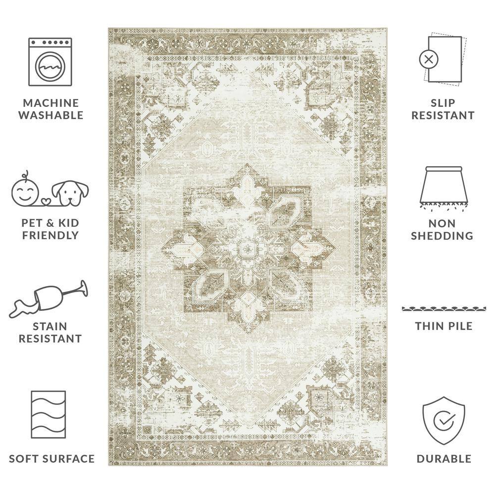 Ivory and Sage Rectangular Washable Synthetic Area Rug, 9' x 12'