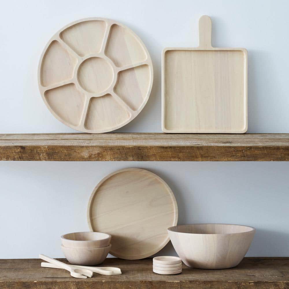 Blonde Rubber Wood Round Compartment Platter, 16"