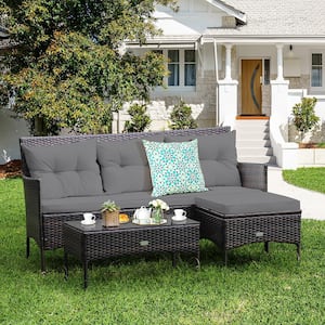 3-Piece Plastic Wicker Outdoor Sectional Set with Gray Cushions