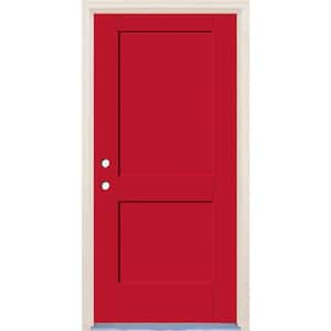 36 in. x 80 in. 2-Panel Right-Hand Ruby Red Fiberglass Prehung Front Door w/6-9/16 in. Frame and Nickel Hinges