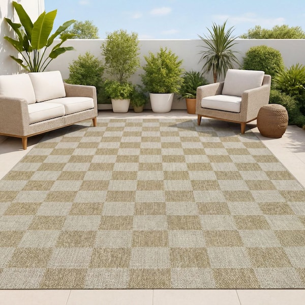 Mason Easy Jute Geometric Boho Checker Weave Natural/Beige 8 ft. x 10 ft. Indoor/Outdoor Area Rug