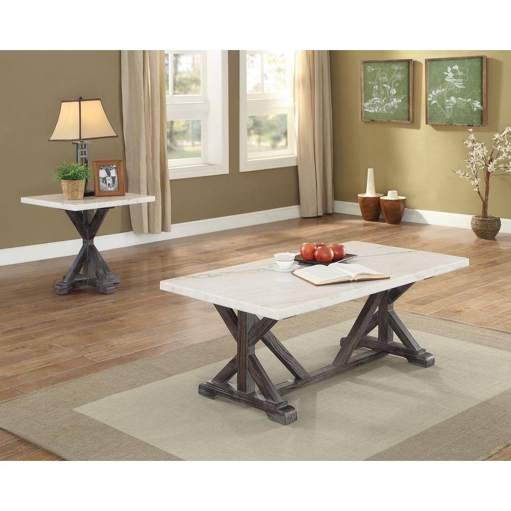 Romina Weathered Espresso Pine Wood & White Marble End Table