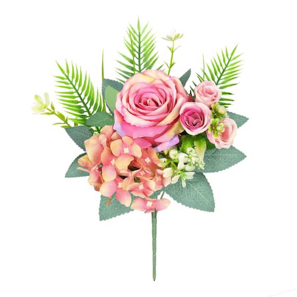 LIVING LUXURY 11 in. Fuchsia Pink Artificial Delicate Mixed Rose Hydrangea Flower Stem Bush Bouquet (Set of 4)