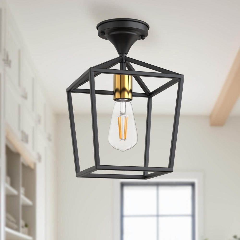 7 in. 1-Light Black and Gold Semi Flush Mount Ceiling Light, Farmhouse Drum Kitchen Lighting Fixtures with Glass Shade price history on PriceWatchPro