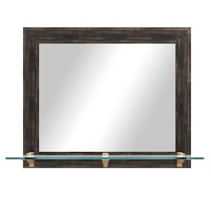 21.5 in. W x 25.5 in. H Rectangle Framed Brown Distressed Horizontal Wall Mirror with Tempered Glass Shelf