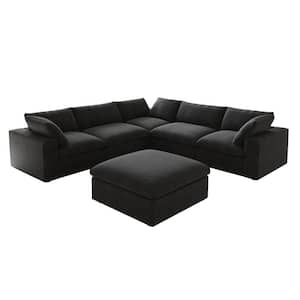 120.45 in. Modular Barong Linen Flannel Flared Arm Large 6-Seat L-shape Corner Sectional Sofa with Storage Ottoman,Black
