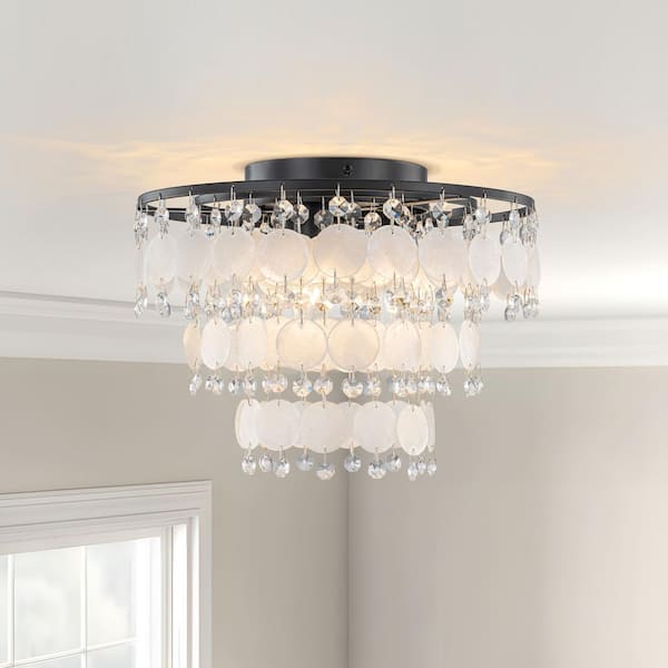 12.6 in. 3-Light Modern Black Semi-Flush Mount Ceiling Light with Crystal Shade