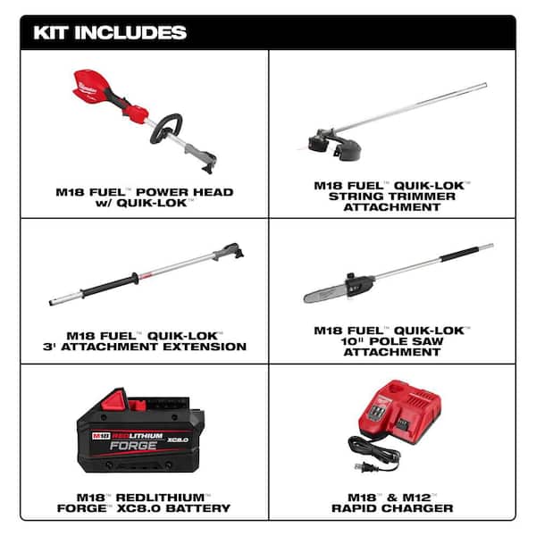 M18 FUEL 18V 16 in. Brushless Cordless QUIK-LOK String Trimmer 8.0 Ah FORGE Kit w/ Pole Saw & 3 ft Extension Attachments