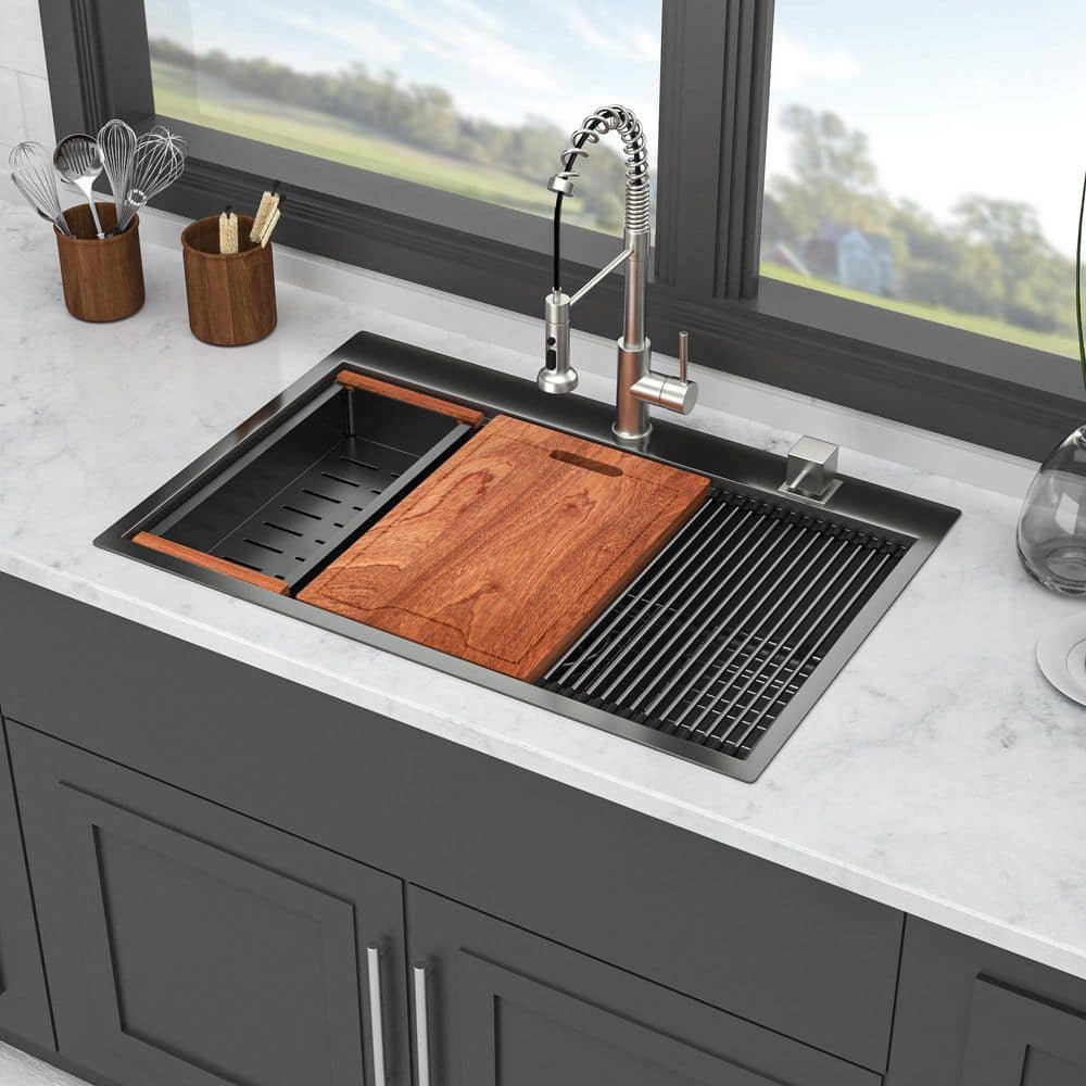 33 in. x 22 in. Drop in Single Bowl 16-Gauge Gunmetal Black Stainless Steel Kitchen Sink with Accessories price history on PriceWatchPro