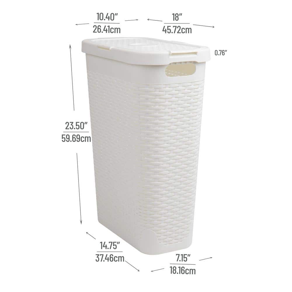 White Slim Rectangular Wicker Laundry Hamper with Lid